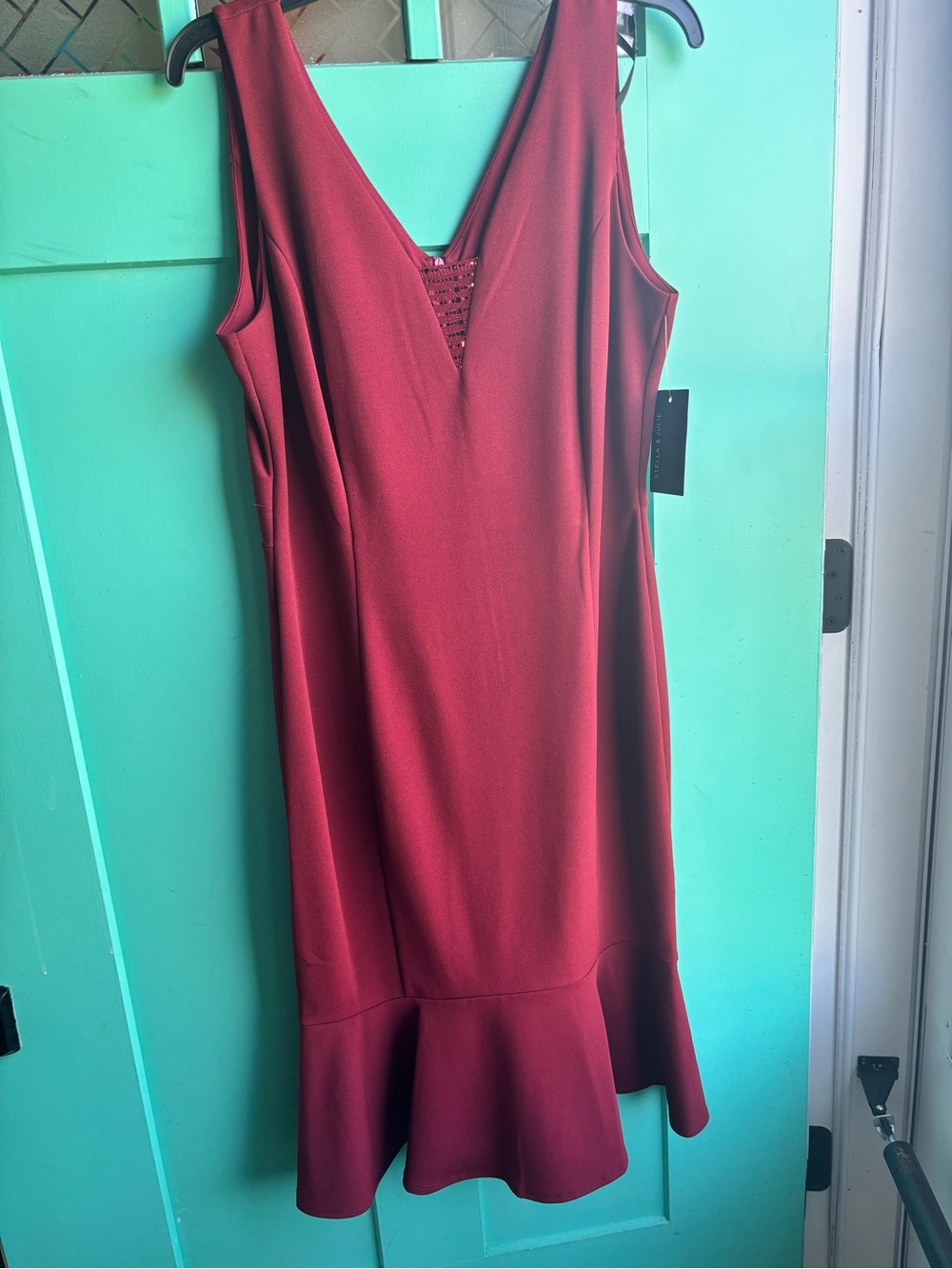 Sleeveless V-Neck Midi Dress in Deep Red with Ruffle Hem